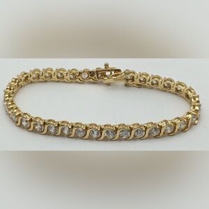 Sterling Silver Gold Tone Tennis Bracelet W/ Clear Stones